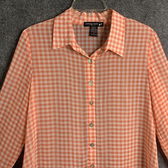 Living Doll Light Weight Semi Sheer Gingham Shirt Roll Tab Sleeve Shell Buttons - Picture 2 of 10